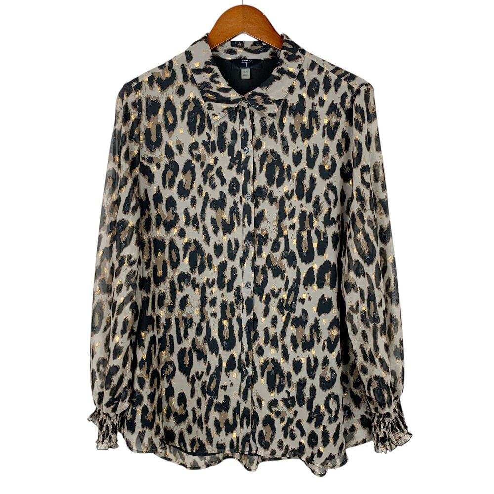 Tahari Animal Print Blouse Button Front Balloon Sleeves Metallic Women's XL
